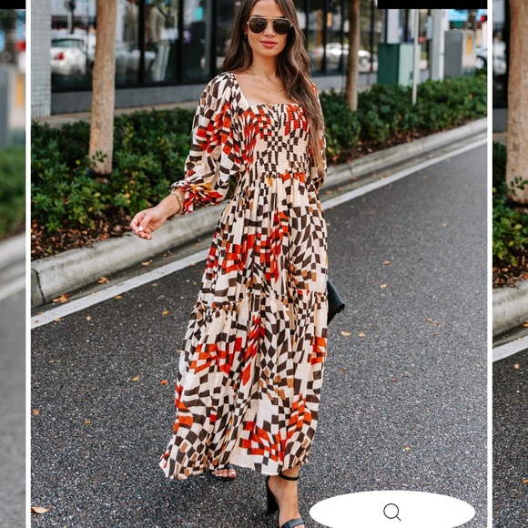 Fate Printed Pocketed Smocked Midi Dress Brown Multi Puffy Sleeves Square Neck M - Picture 9 of 16